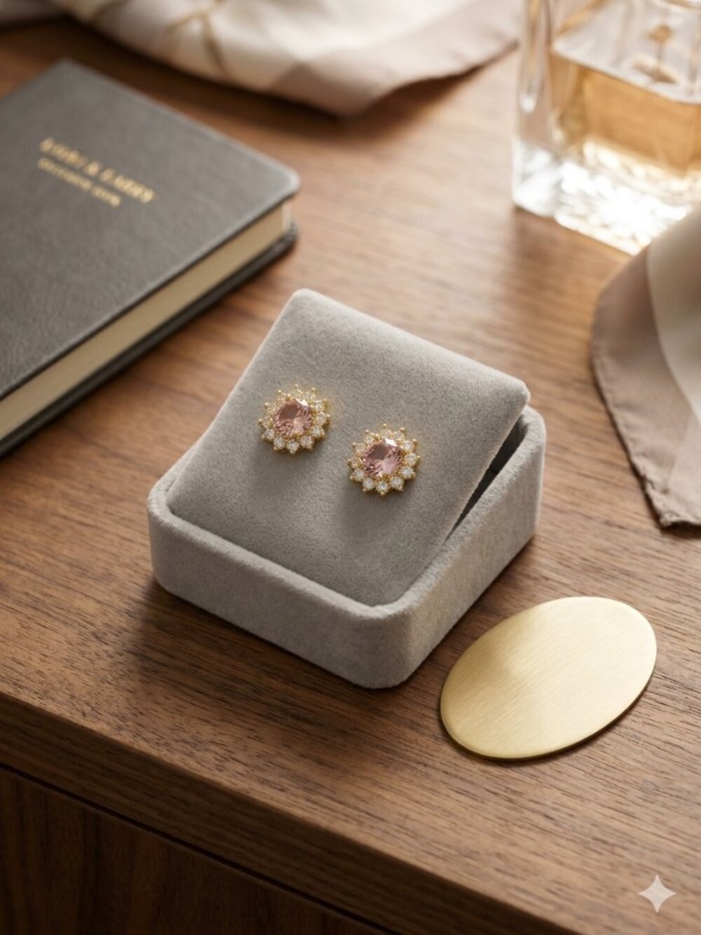 Gold Tone Pink Crystal Halo Stud Earrings - Stainless Steel Brand New